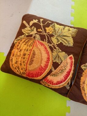 Vintage Fruit Needlepoint Pillows set of 2 - Brown with Red & Yellow Fruit